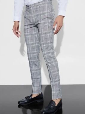 Boohoo Mens Grey Checked Skinny Tapered Dress Pants